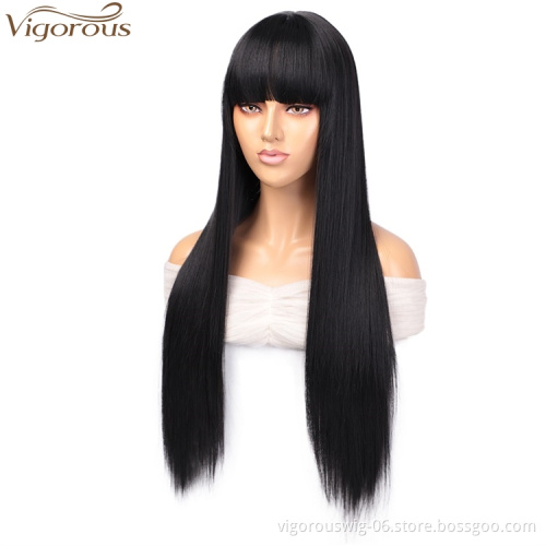 Vigorous Lace Front Good Quality Long Silky Straight Wig With Bangs Synthetic 28 Inch For Black Women Heat Resistant Fiber Wigs